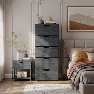 Sunvega Slim Smokey Oak 5-Drawer Narrow Dresser for Bedroom Storage