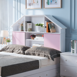 Sunvega White Full Size Bookcase Headboard with Pink Sliding Doors and Seven Cubby Shelves