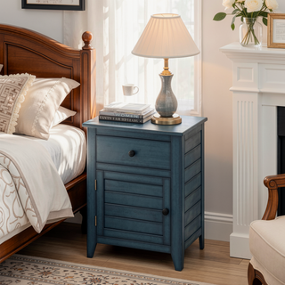 Sunvega Antique Blue Veneer Transitional Nightstand with Storage Drawer and Cabinet