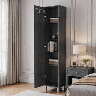 Sunvega Tall Storage Cabinet with Single Door and 3 Broom Hangers