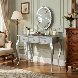 Sunvega Elegant Makeup Vanity Desk with Oval Mirror and 3 Drawers for Bedroom