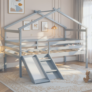Sunvega Twin Low Loft House Bed with Slide Ladder Safety Guardrails and Roof Frame