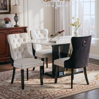 Sunvega Modern Tufted PU and Velvet Upholstered Dining Chair with Wood Legs and Nailhead Trim