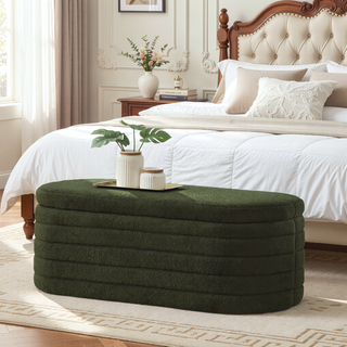 Sunvega Modern Oval Upholstered Boucle Teddy Fabric Storage Ottoman Bench with Safety Hinge