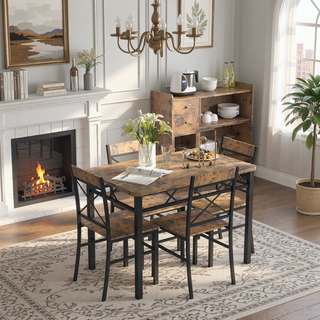 Sunvega Compact Rustic Brown Wood Kitchen Dining Table Set for 4 with Chairs