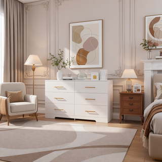 Sunvega White Wooden Six Drawer Cabinet with Golden Handles Large Storage Space