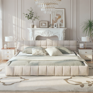 Sunvega King Size Upholstered Bed Frame with Thick Chenille Fabric Headboard