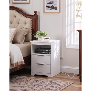 Sunvega White Wooden End Table with Charging Station and 2 Drawers for Bedroom