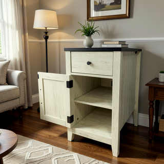 Sunvega Farmhouse End Table with Charging Station, Barn Door, and Drawer for Bedroom