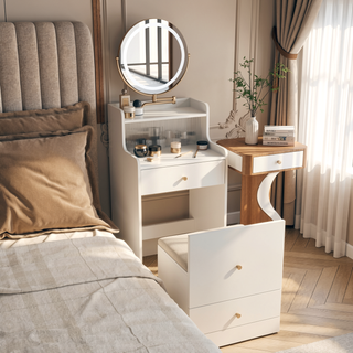 Sunvega 3 in 1 Vanity Desk With Mirror Light Charging Station and 2 Drawers