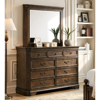 Sunvega Traditional Wood Panel Bed Set with Dresser Mirror and Two Nightstands