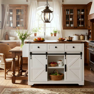 Sunvega Farmhouse Kitchen Island with Power Outlet Sliding Barn Doors and Drop Leaf