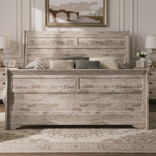 Sunvega Queen Size White Wash Finish Sleigh Bed and Two Nightstands with Antique Walnut Trim