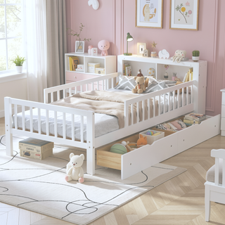 Sunvega Twin Size Bed with Headboard Storage, Two Under-Bed Drawers, and Three-Side Guardrails