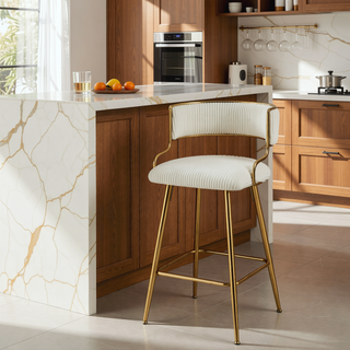 Sunvega Set of 2 Grey Corduroy Bar Stools with Back Golden Chromed Base and Footrest