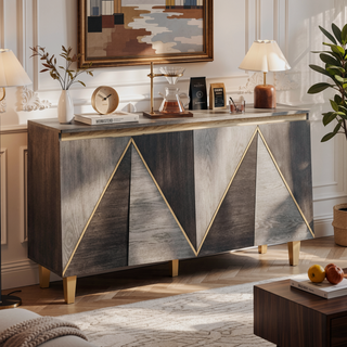 Sunvega 60 Inch Retro Buffet Cabinet with Dimensional Effect Doors and Adjustable Shelves