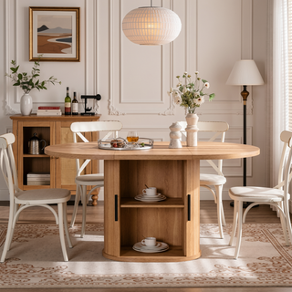 Sunvega Modern Oval Dining Table with 2-Layer Storage Shelf and Wood Slide Door