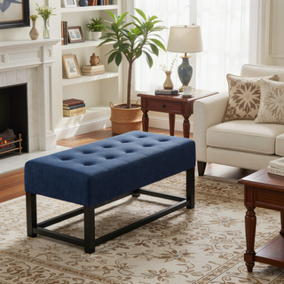 Sunvega Modern Ottoman Bench with Button-Tufted Waffle Stitch and Geometric Legs