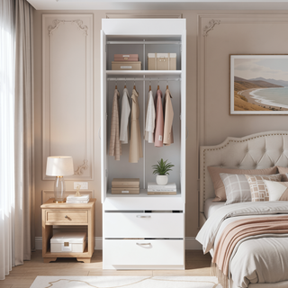 Sunvega White 70H" Double Door Cabinet with Two Drawers and Metal Handles
