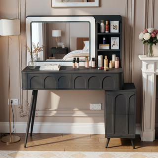 Sunvega Makeup Vanity Desk with LED Lights Mirror 4 Drawers Dressing Table Stool