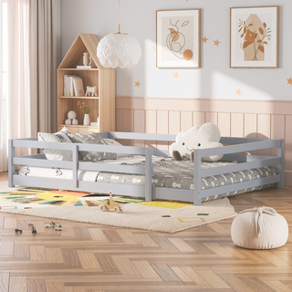 Sunvega Full Size Floor Bed with Fence for Kids Made of Sturdy Pine Wood