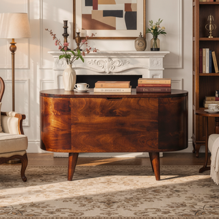 Sunvega Solid Mango Wood Curved Blanket Box with California Walnut Finish