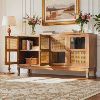 Sunvega Retro 4-Door Sideboard with Rattan and Glass Doors for Large Storage Space