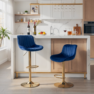 Sunvega Adjustable Velvet Swivel Bar Stool with Chrome Base and Golden Legs, Set of 2
