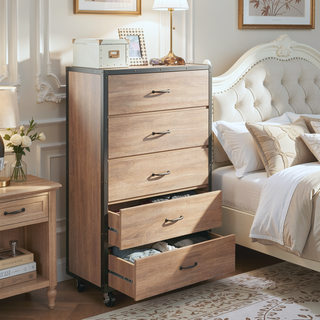 Sunvega Weathered Light Oak Finish Wood Chest with 5 Drawers and Industrial Caster Wheels