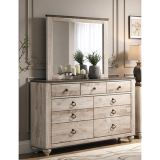 Sunvega White Wash Finish Queen Sleigh Bed Dresser Mirror Nightstand Chest Set