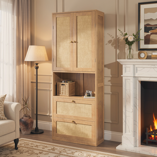 Sunvega Rattan Storage Cabinet with USB Ports and 3 Drawers for Bedroom
