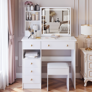 Sunvega Small Size Left Drawer Vanity Table with Cushioned Stool and LED Mirror