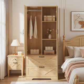 Sunvega Natural Wood Wardrobe for Bedroom with Mirror, 2 Doors, 2 Drawers, and Built-in Light
