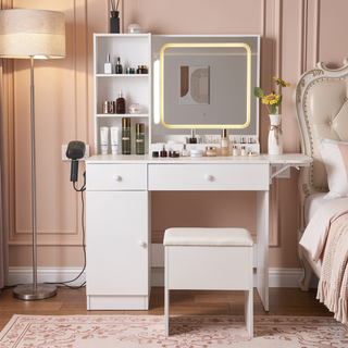 Sunvega Makeup Vanity Desk with Lighted Mirror, Power Outlet, Storage Stool, and Cabinet