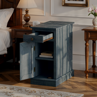 Sunvega Antique Blue Solid Wood Veneer Traditional Side Table for Living Room