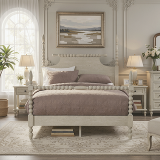 Sunvega Antique Cream Nightstand with Turned Legs and Natural Whitewash Look