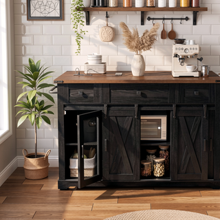 Sunvega Farmhouse Kitchen Island with Storage Sliding Barn Door Drop Leaf and Charging Station