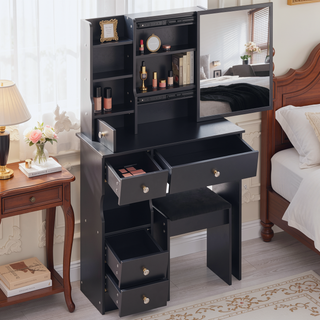 Sunvega Small Size Left Drawer Vanity Table with Adjustable LED Mirror and Stool
