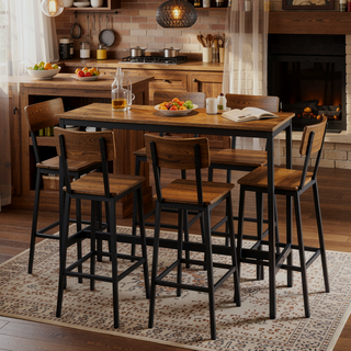 Sunvega Rustic Brown Bar Table Set with 2 PU Soft Seat Backrest Stools for Small Spaces
