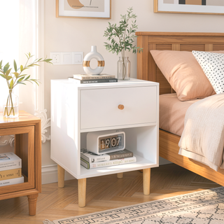 Sunvega White Wooden Nightstand with One Drawer and Shelf for Kids and Adults