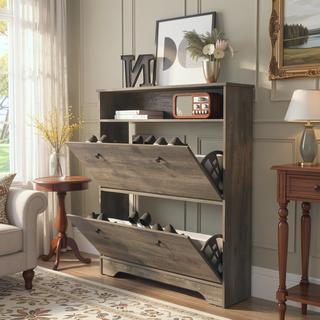 Sunvega Dark Brown Finish Shoe Rack with Two Extendable Cabinets and One Open Shelf