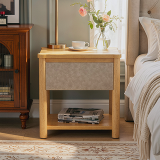 Sunvega Modern Farmhouse Nightstand with Drawer and Open Shelf for Bedroom or Living Room