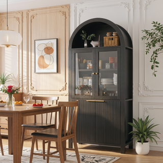 Sunvega Elegant Fluted Tall Arched Pantry Cabinet with Adjustable Shelves