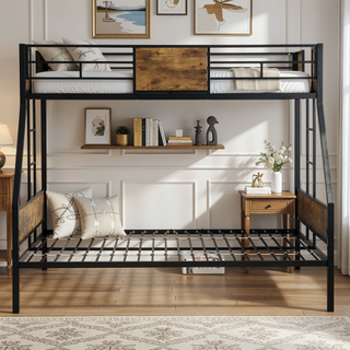 Sunvega Twin Over Full Metal Bunk Bed with Trundle and Guardrail for Bedroom