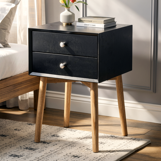 Sunvega Mid-Century Modern Bedside Table with 2 Drawers and Rubber Wood Legs
