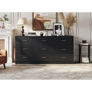 Sunvega Modern Black 9-Drawer Dresser with Golden Handles for Bedroom Storage