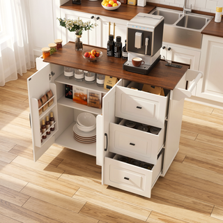 Sunvega White Kitchen Island Cart with Foldable Drop Leaf Tabletop and Storage on Wheels