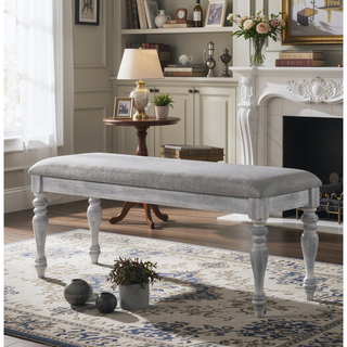 Sunvega Upholstered Turned Leg Dining Bench with Gray Seat and Rustic White Finish