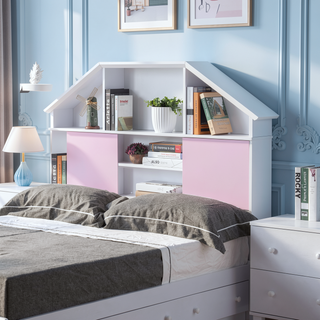 Sunvega White Full Size Bookcase Headboard with Pink Sliding Doors and Seven Cubby Shelves