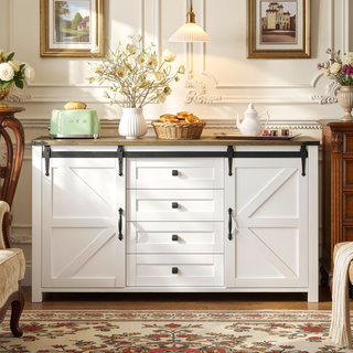 Sunvega 55.1-Inch Farmhouse Sideboard with Sliding Barn Doors and 4 Drawers